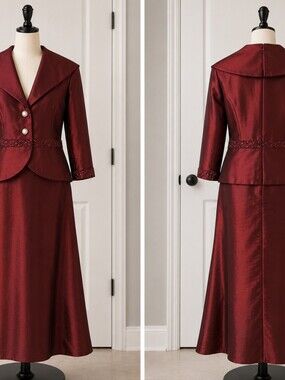 Caterina Collection Burgundy Beaded Formal Gown & Jacket Set Size 8